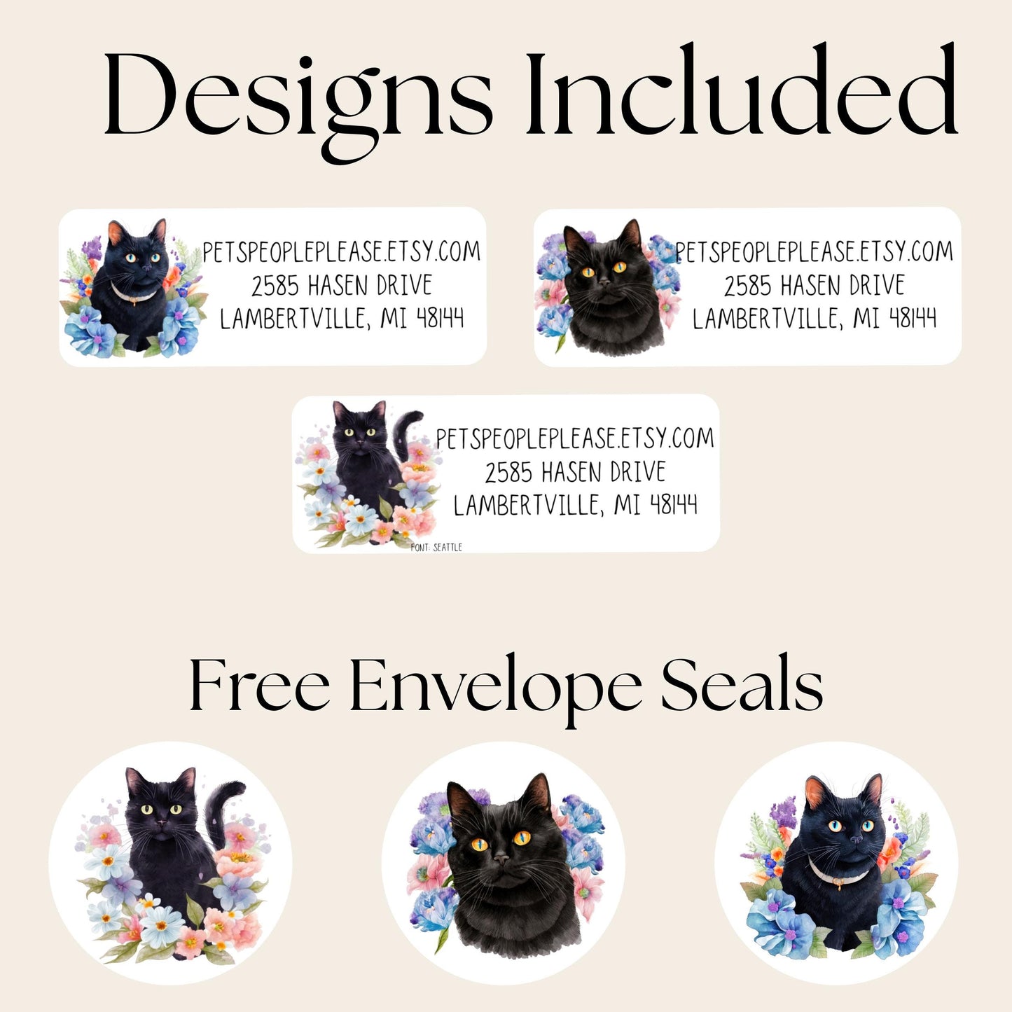 Black Cat Floral Return Address Labels, Cute Envelope Seal Stickers FREE, Printed Cat Labels for Snail Mail, Happy Mail, Pen Pals Gifts - The Pawprint Paperie