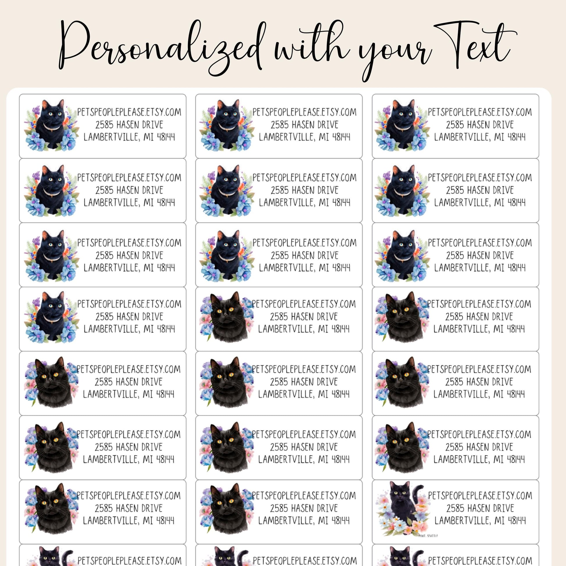 Black Cat Floral Return Address Labels, Cute Envelope Seal Stickers FREE, Printed Cat Labels for Snail Mail, Happy Mail, Pen Pals Gifts - The Pawprint Paperie