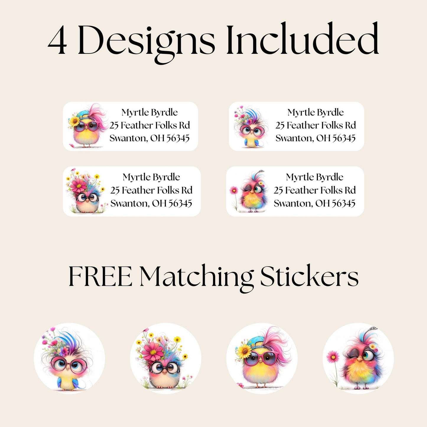 Colorful Bird Address Labels with FREE Envelope Seal Stickers, Cute Round Sticker Sheets, Whimsical Stationery Gift for Bird Lovers, Quirky - The Pawprint Paperie