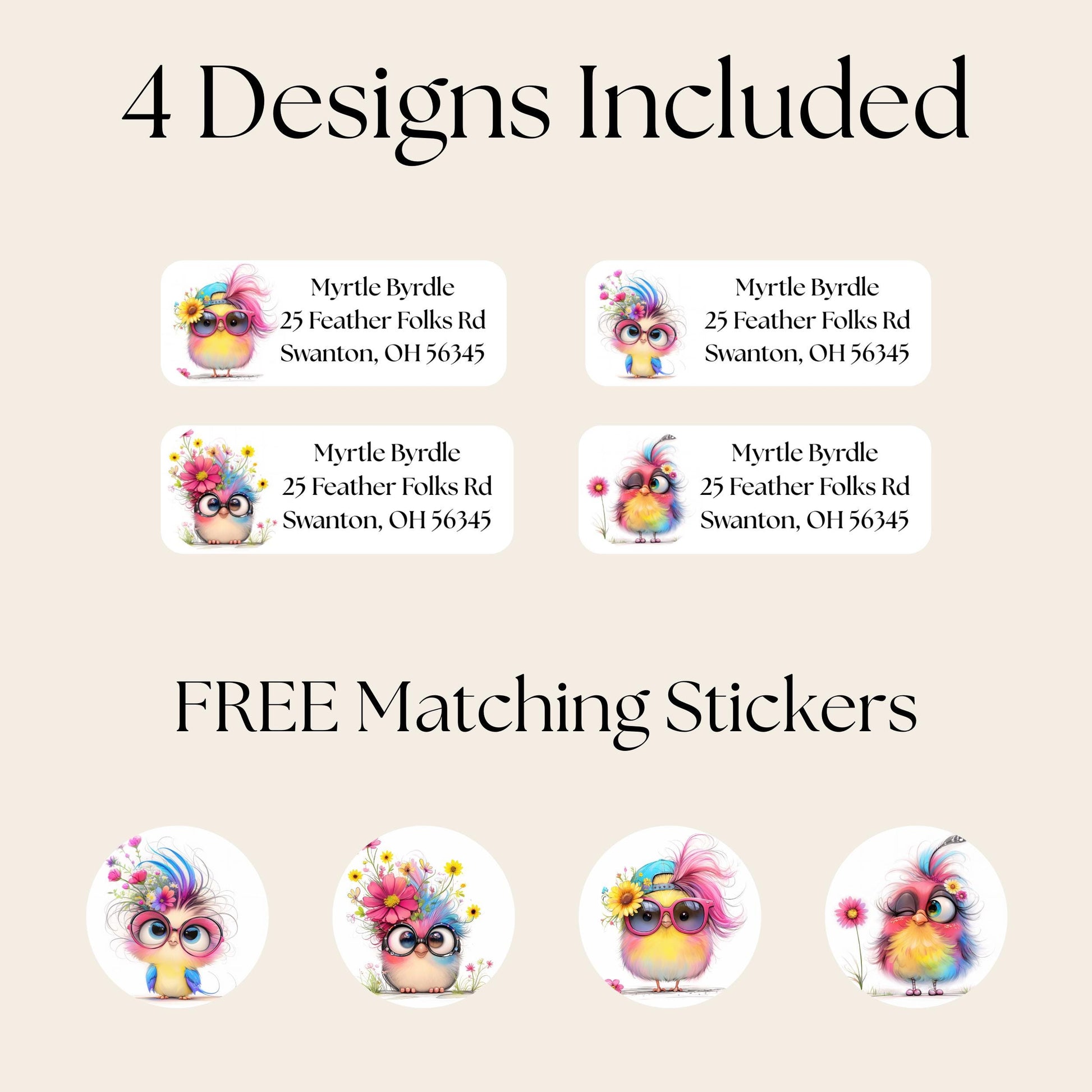 Colorful Bird Address Labels with FREE Envelope Seal Stickers, Cute Round Sticker Sheets, Whimsical Stationery Gift for Bird Lovers, Quirky - The Pawprint Paperie