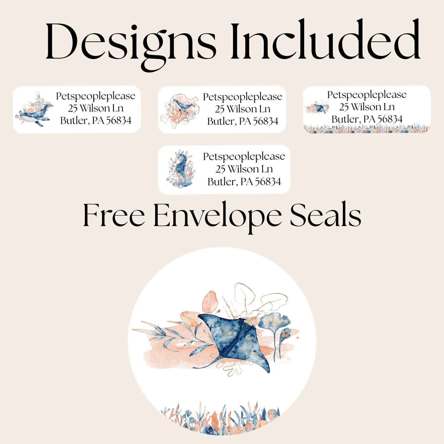 Underwater Ocean Address Labels with FREE Seal Stickers, Watercolor Coastal Sea Life , Nautical Envelope Labels, Beachy Mail Supplies, Whale - The Pawprint Paperie