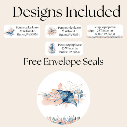 Underwater Ocean Address Labels with FREE Seal Stickers, Watercolor Coastal Sea Life , Nautical Envelope Labels, Beachy Mail Supplies, Whale - The Pawprint Paperie