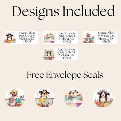 Cute Dog Address Labels, Custom Return Stickers with FREE Matching Envelope Seals, Bath Time Pup Design, Fun Mailing Supplies, Pet Mom Gift - The Pawprint Paperie