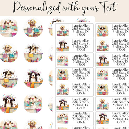 Cute Dog Address Labels, Custom Return Stickers with FREE Matching Envelope Seals, Bath Time Pup Design, Fun Mailing Supplies, Pet Mom Gift - The Pawprint Paperie