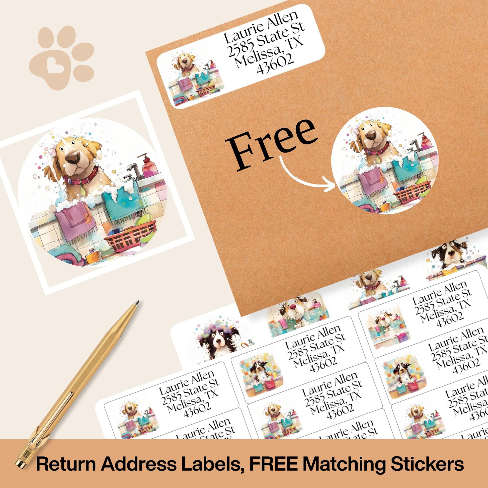 Cute Dog Address Labels, Custom Return Stickers with FREE Matching Envelope Seals, Bath Time Pup Design, Fun Mailing Supplies, Pet Mom Gift - The Pawprint Paperie