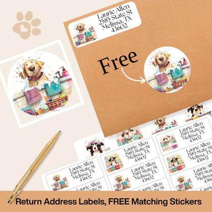 Cute Dog Address Labels, Custom Return Stickers with FREE Matching Envelope Seals, Bath Time Pup Design, Fun Mailing Supplies, Pet Mom Gift - The Pawprint Paperie
