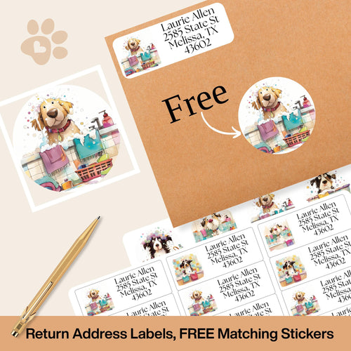 Cute Dog Address Labels, Custom Return Stickers with FREE Matching Envelope Seals, Bath Time Pup Design, Fun Mailing Supplies, Pet Mom Gift - The Pawprint Paperie