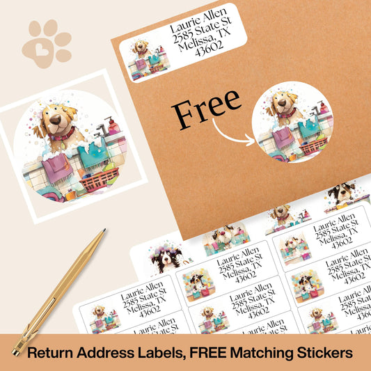 Cute Dog Address Labels, Custom Return Stickers with FREE Matching Envelope Seals, Bath Time Pup Design, Fun Mailing Supplies, Pet Mom Gift - The Pawprint Paperie