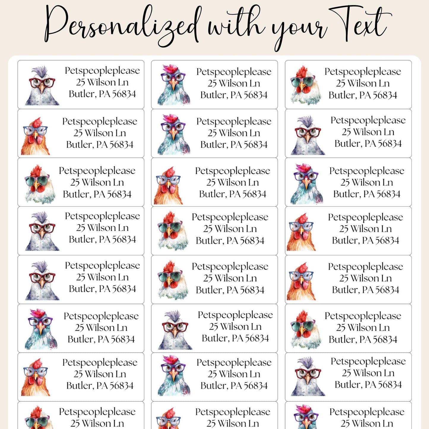 Funny Chickens With Glasses Address Labels With FREE Matching Stickers, Envelope name tags, Custom chicken lady gift, Housewarming new home - The Pawprint Paperie