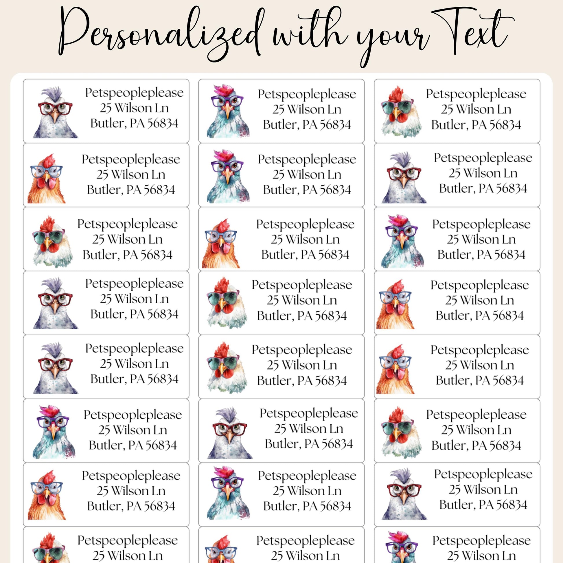 Funny Chickens With Glasses Address Labels With FREE Matching Stickers, Envelope name tags, Custom chicken lady gift, Housewarming new home - The Pawprint Paperie