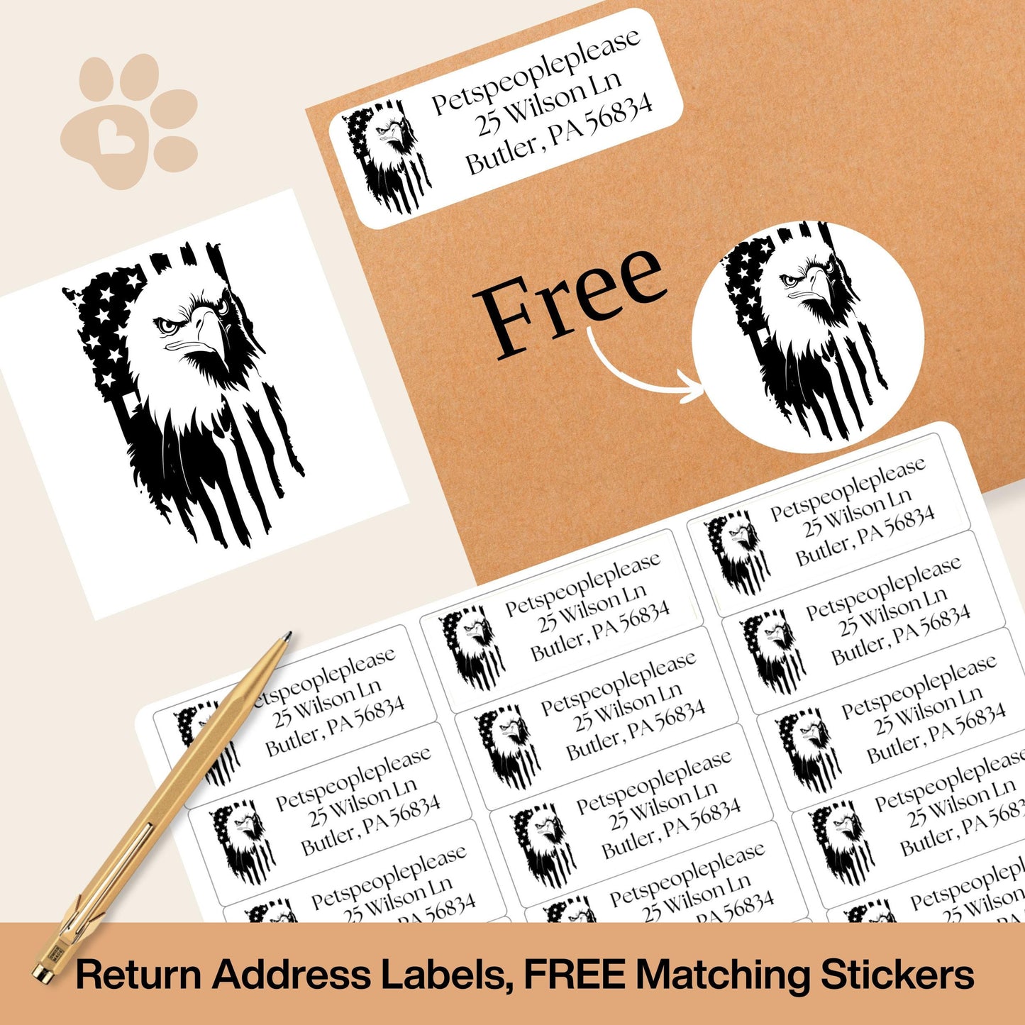 Patriotic Eagle Address Labels, USA Flag Return Stickers, Military Mail Gift, Bald Eagle Envelope Labels with FREE Matching Seal stickers - The Pawprint Paperie
