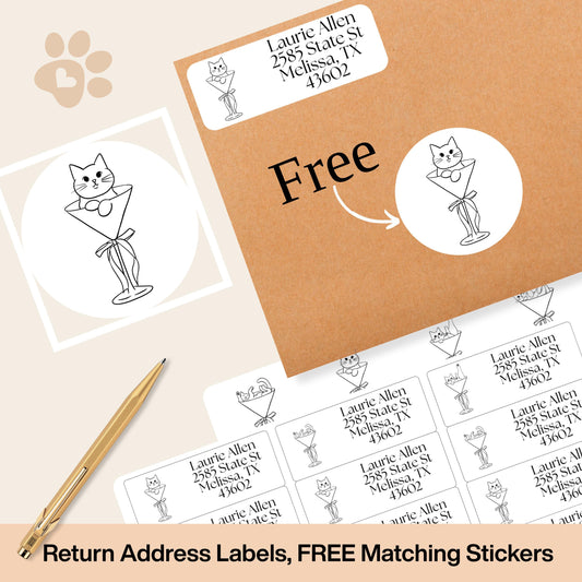 Cats in Martini Glass Address Labels, FREE Matching Stickers, Fun Return Mailing Labels for Cat Lovers, Cute Envelope Seals, Meow-tini Mail - The Pawprint Paperie
