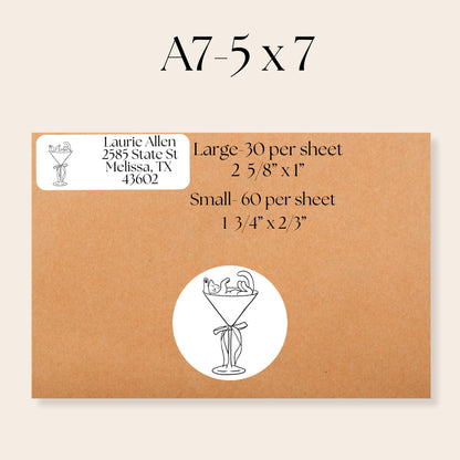 Cats in Martini Glass Address Labels, FREE Matching Stickers, Fun Return Mailing Labels for Cat Lovers, Cute Envelope Seals, Meow-tini Mail - The Pawprint Paperie