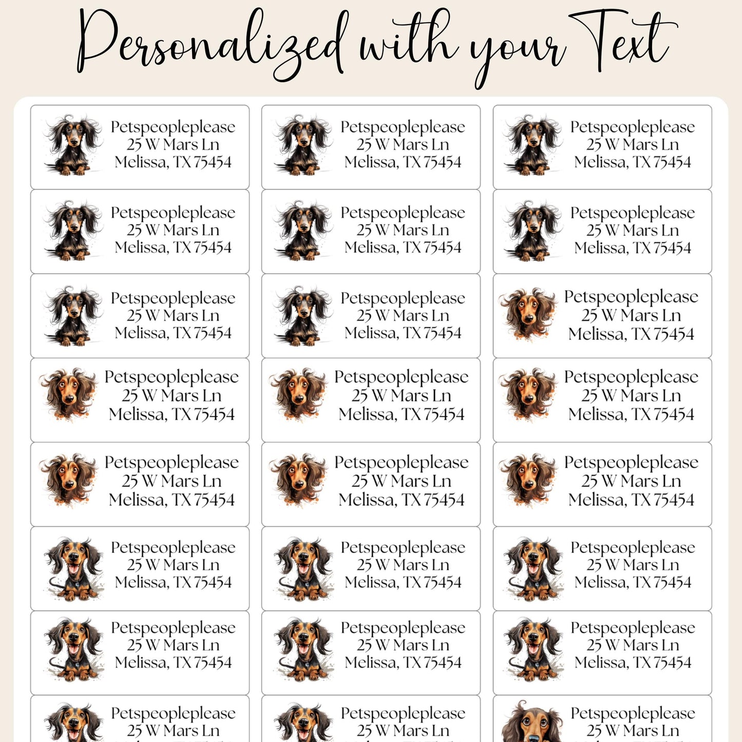 Dachshund Return Address Labels with Dog Stickers: Long-Haired Wiener Dog - The Pawprint Paperie