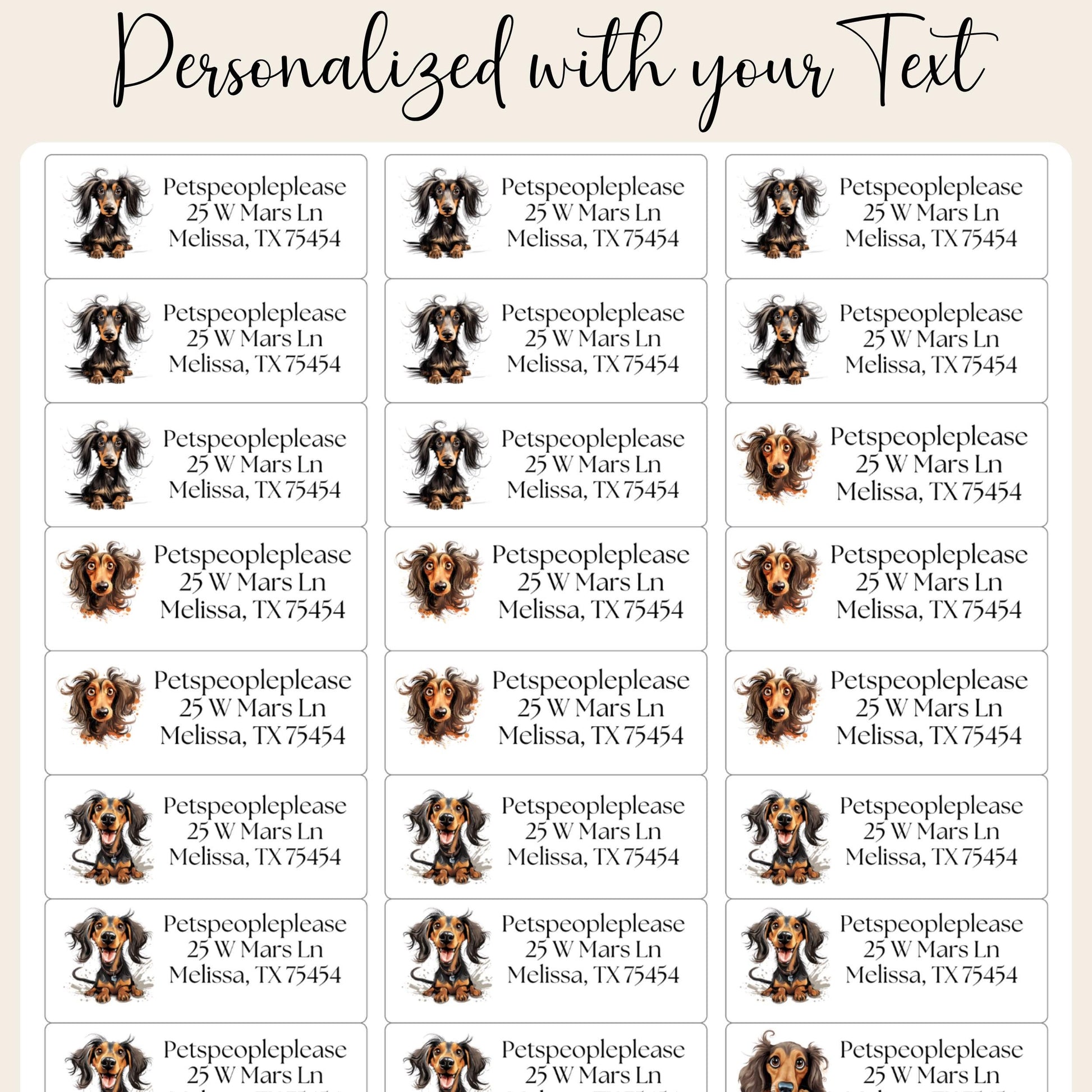 Dachshund Return Address Labels with Dog Stickers: Long-Haired Wiener Dog - The Pawprint Paperie