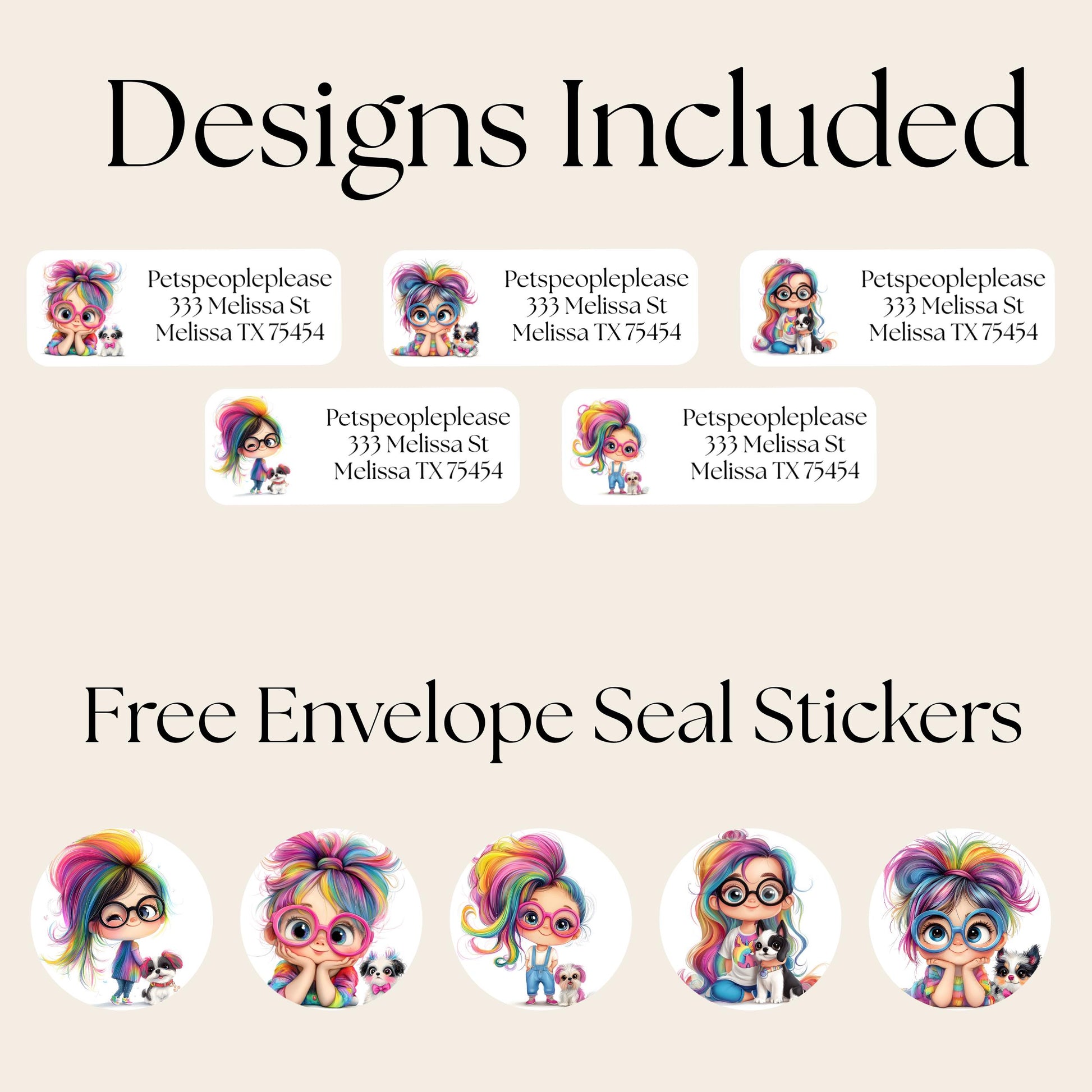 Quirky Girl & Dog Return Address Label with FREE Matching Envelope Seal Stickers, Personalized Mailing Set, Dog Mom Gift, Fun Mail Art - The Pawprint Paperie