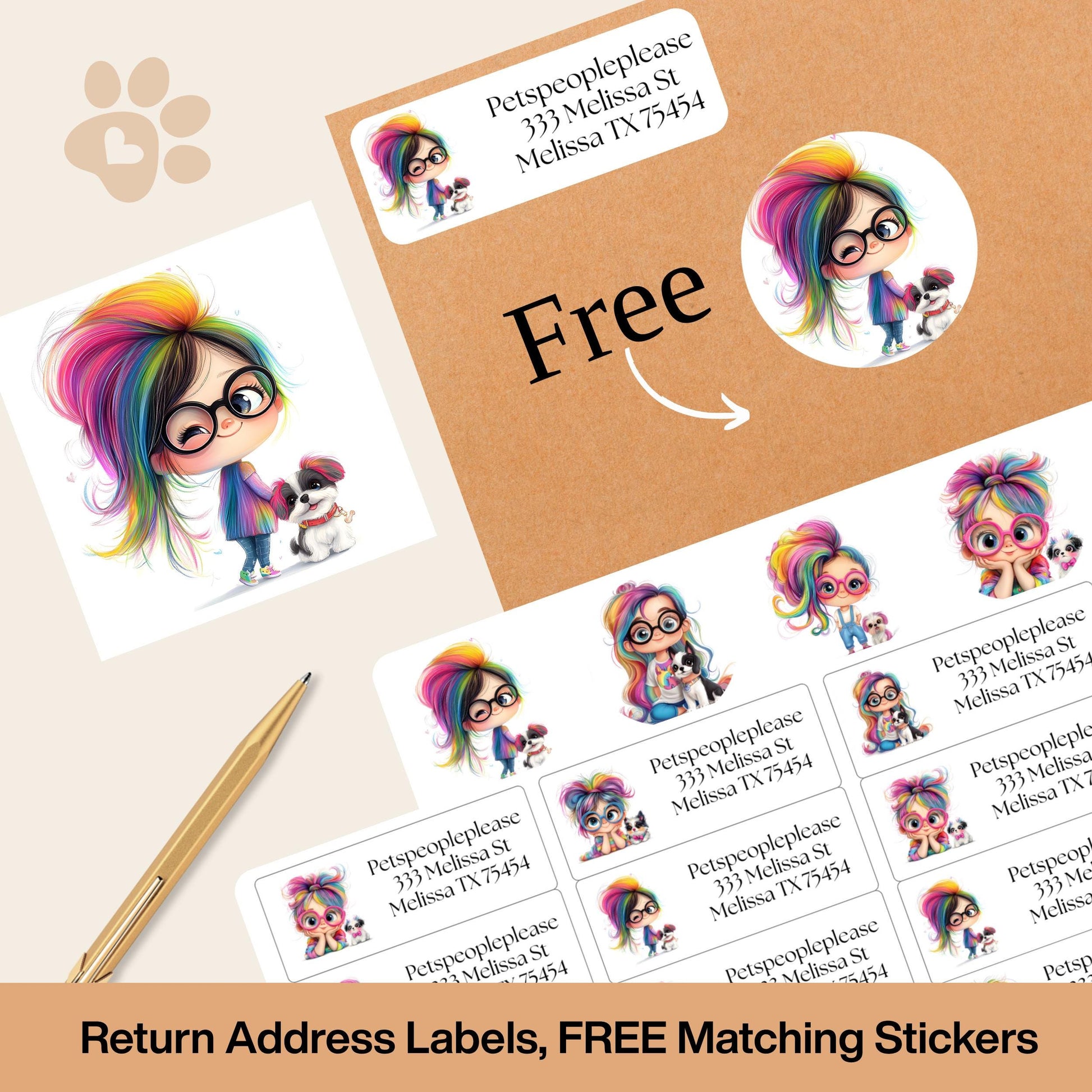 Quirky Girl & Dog Return Address Label with FREE Matching Envelope Seal Stickers, Personalized Mailing Set, Dog Mom Gift, Fun Mail Art - The Pawprint Paperie