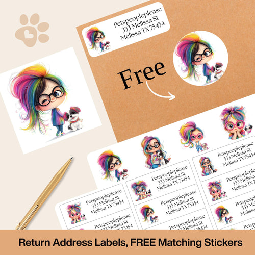 Quirky Girl & Dog Return Address Label with FREE Matching Envelope Seal Stickers, Personalized Mailing Set, Dog Mom Gift, Fun Mail Art - The Pawprint Paperie