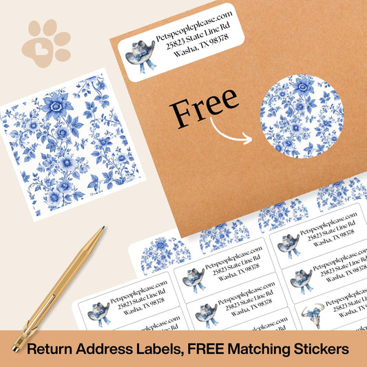 Country French Toile Return Address Labels, Western Wedding Mailing Tags, FREE Matching Envelope Seal Stickers, Romantic Design For Her - The Pawprint Paperie