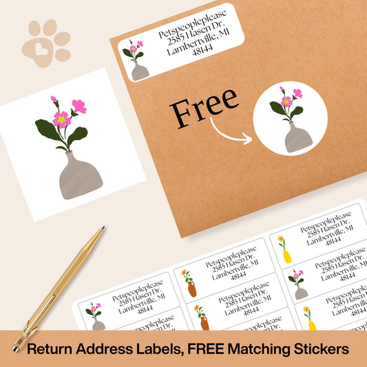 Flower Market Vase Return Address Labels, FREE Envelope Floral Seal Stickers, Minimalist tags, Stationery Happy Mail Set, Gift for Pen Pal - The Pawprint Paperie