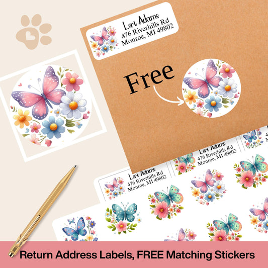 Butterfly Return Address Labels, Floral Mailing Stickers, Personalized Envelope Labels, FREE Matching Stickers, Spring Mail Decor, Printed - The Pawprint Paperie