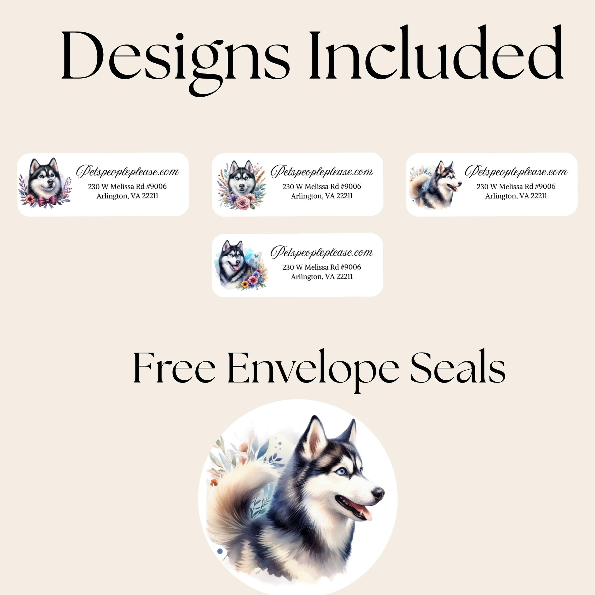 Husky Dog Return Address Labels with Floral Design & FREE Seals - The Pawprint Paperie