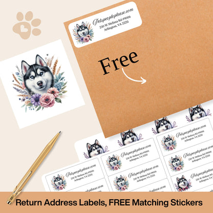 Husky Dog Return Address Labels with Floral Design & FREE Seals - The Pawprint Paperie