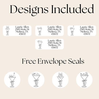 Cats in Martini Glass Address Labels, FREE Matching Stickers, Fun Return Mailing Labels for Cat Lovers, Cute Envelope Seals, Meow-tini Mail - The Pawprint Paperie