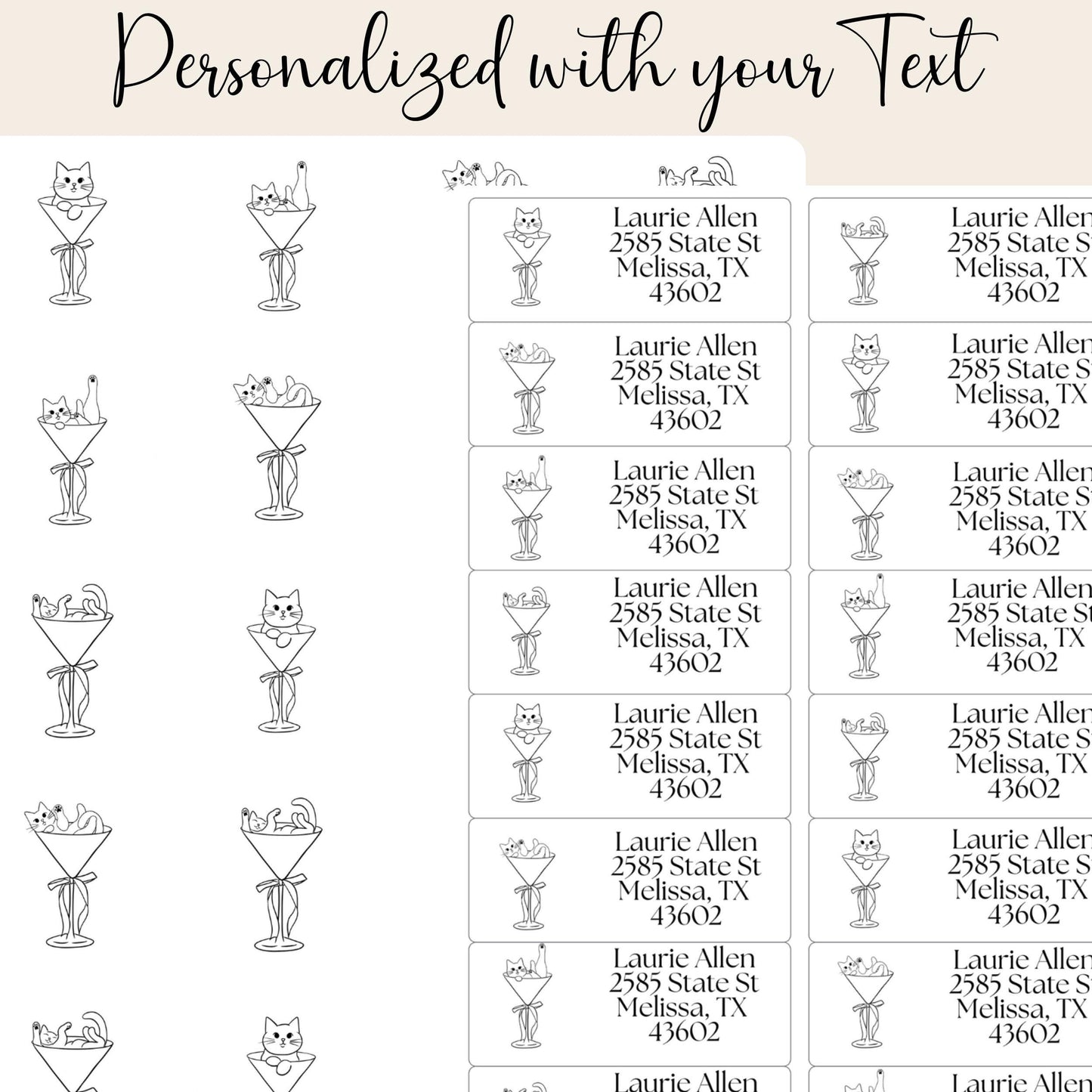 Cats in Martini Glass Address Labels, FREE Matching Stickers, Fun Return Mailing Labels for Cat Lovers, Cute Envelope Seals, Meow-tini Mail - The Pawprint Paperie