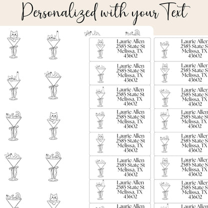 Cats in Martini Glass Address Labels, FREE Matching Stickers, Fun Return Mailing Labels for Cat Lovers, Cute Envelope Seals, Meow-tini Mail - The Pawprint Paperie