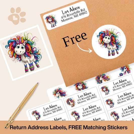 Rainbow Unicorn Return Address Labels, FREE Matching Sticker Sheet, Cute Custom Mailing Labels for Girls, Magical Horse Lovers Stationery - The Pawprint Paperie