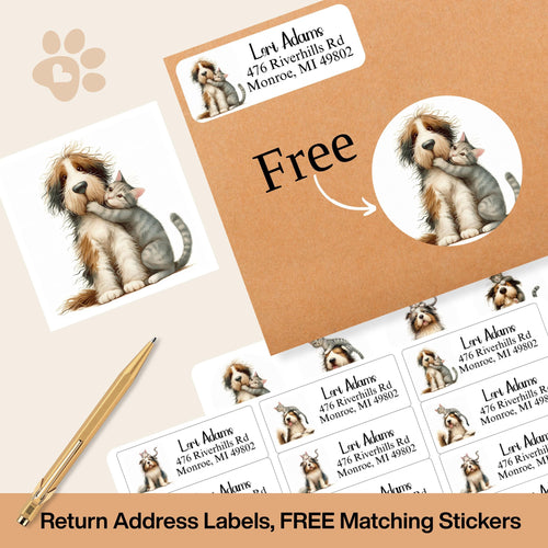 Funny Cat & Dog Return Address Label, Quirky Animal friend, FREE Matching Envelope Sticker, Custom Pet Mailing Labels, Dog Moms, Cat Lovers - The Pawprint Paperie
