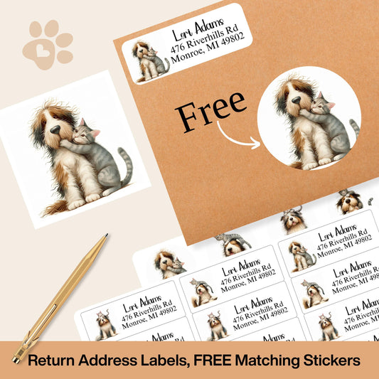 Funny Cat & Dog Return Address Label, Quirky Animal friend, FREE Matching Envelope Sticker, Custom Pet Mailing Labels, Dog Moms, Cat Lovers - The Pawprint Paperie