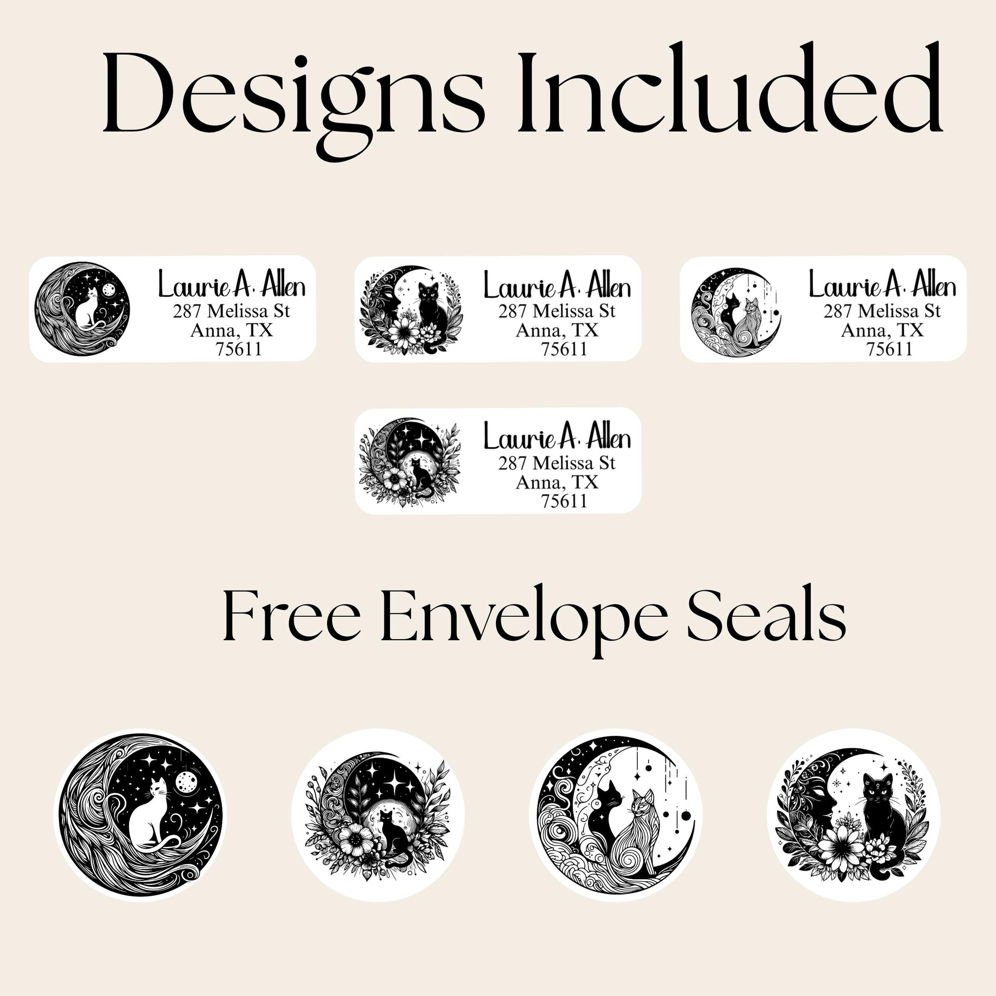 Mystical Cat Return Address Labels: Celestial Moon Design with FREE Seal Stickers - The Pawprint Paperie