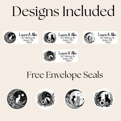 Mystical Cat Return Address Labels: Celestial Moon Design with FREE Seal Stickers - The Pawprint Paperie