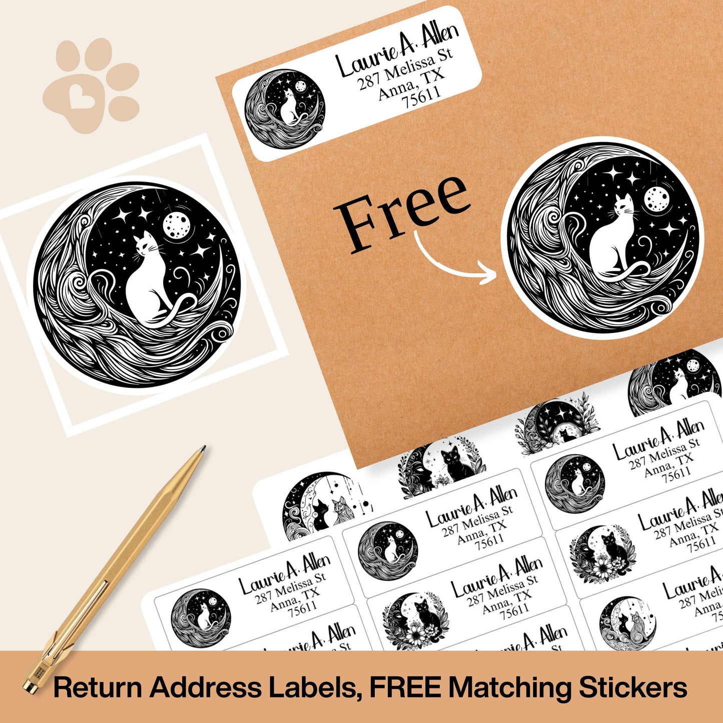 Mystical Cat Return Address Labels: Celestial Moon Design with FREE Seal Stickers - The Pawprint Paperie