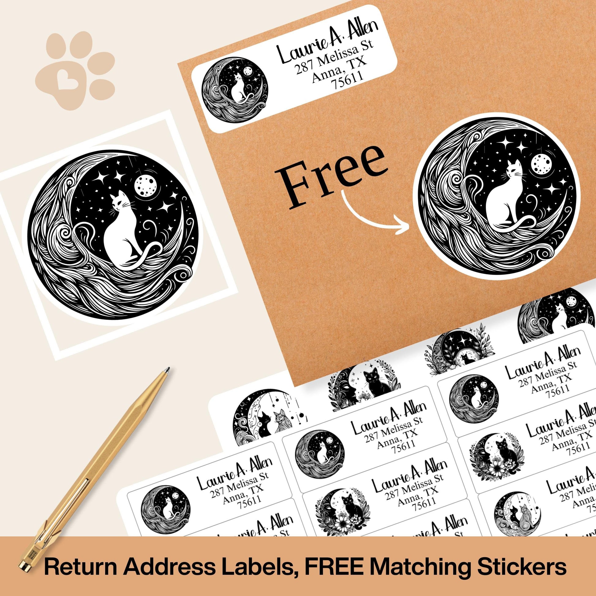Mystical Cat Return Address Labels: Celestial Moon Design with FREE Seal Stickers - The Pawprint Paperie