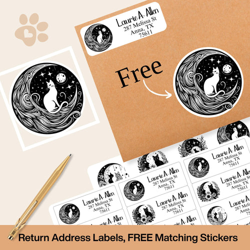 Mystical Cat Return Address Labels: Celestial Moon Design with FREE Seal Stickers - The Pawprint Paperie