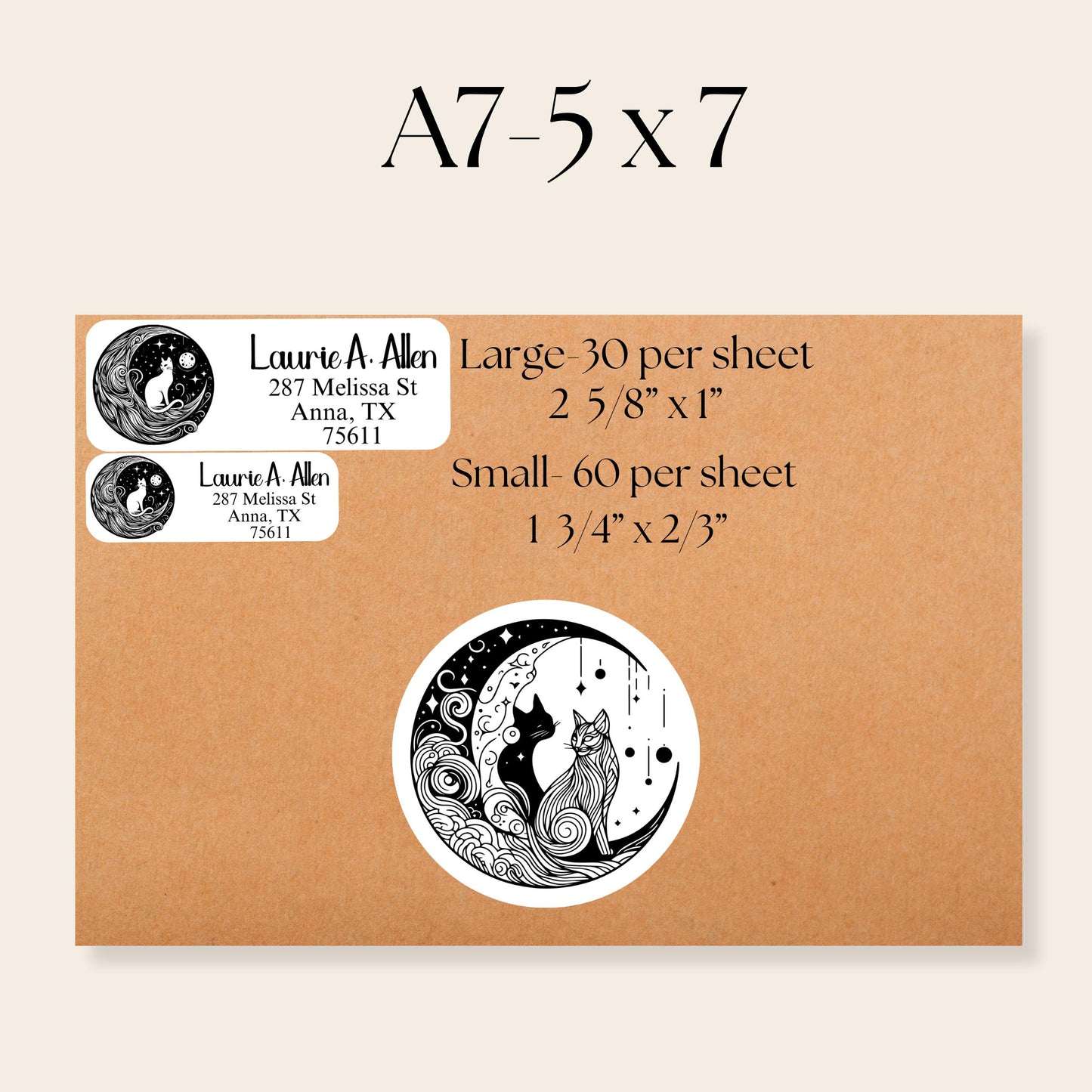 Mystical Cat Return Address Labels: Celestial Moon Design with FREE Seal Stickers - The Pawprint Paperie