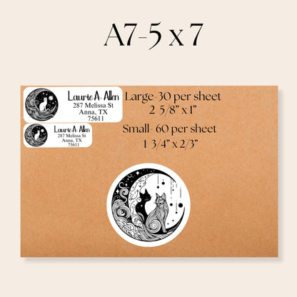 Mystical Cat Return Address Labels: Celestial Moon Design with FREE Seal Stickers - The Pawprint Paperie
