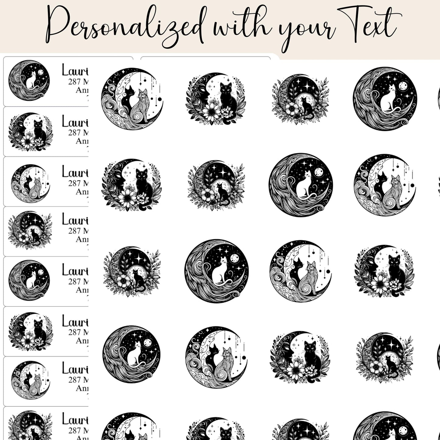 Mystical Cat Return Address Labels: Celestial Moon Design with FREE Seal Stickers - The Pawprint Paperie