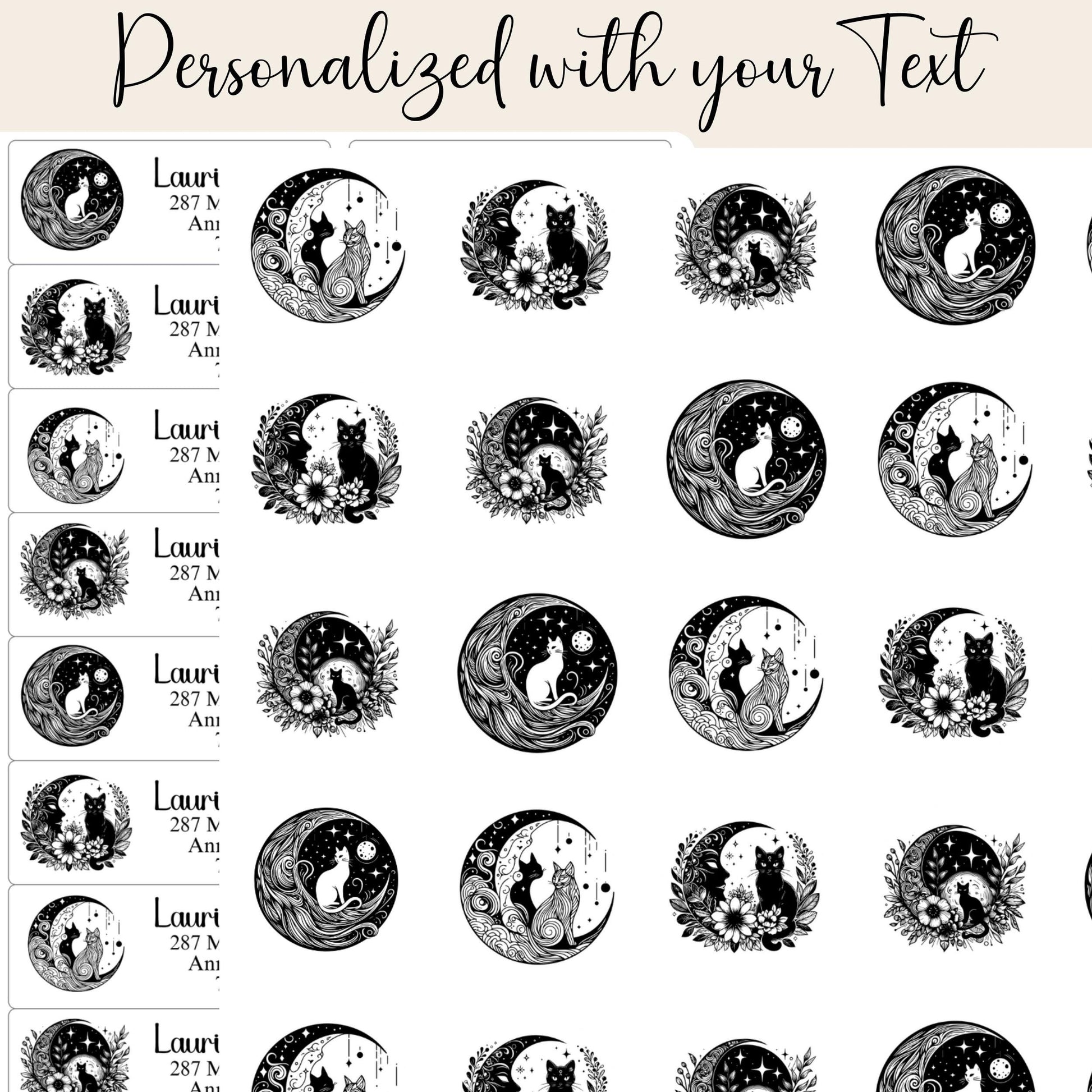 Mystical Cat Return Address Labels: Celestial Moon Design with FREE Seal Stickers - The Pawprint Paperie