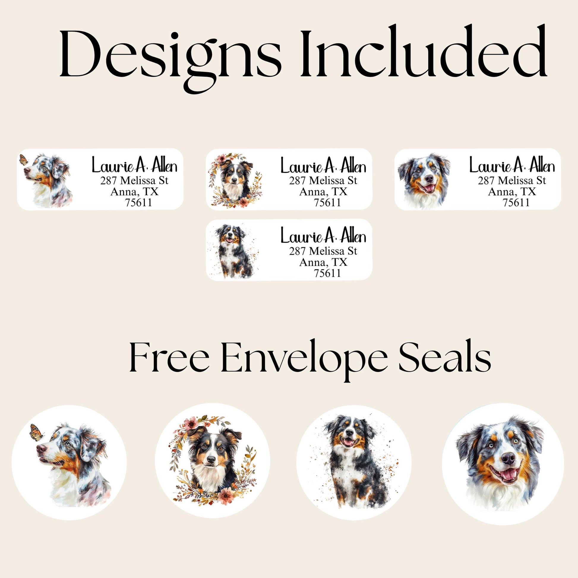 Australian Shepherd Address Labels with FREE Envelope Seals - The Pawprint Paperie