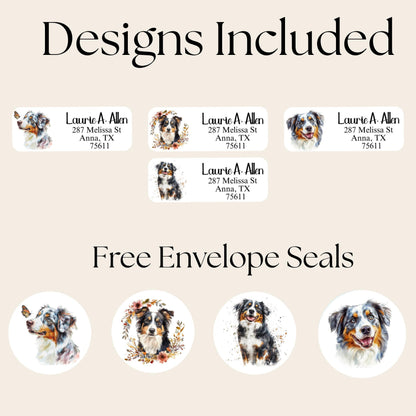 Australian Shepherd Address Labels with FREE Envelope Seals - The Pawprint Paperie