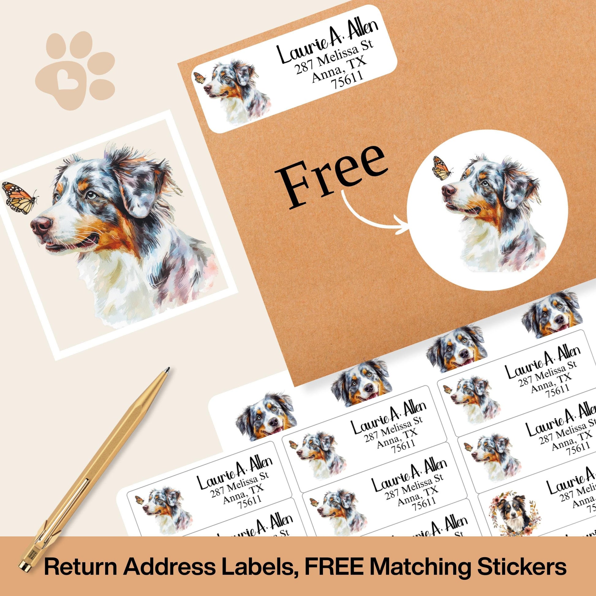 Australian Shepherd Address Labels with FREE Envelope Seals - The Pawprint Paperie