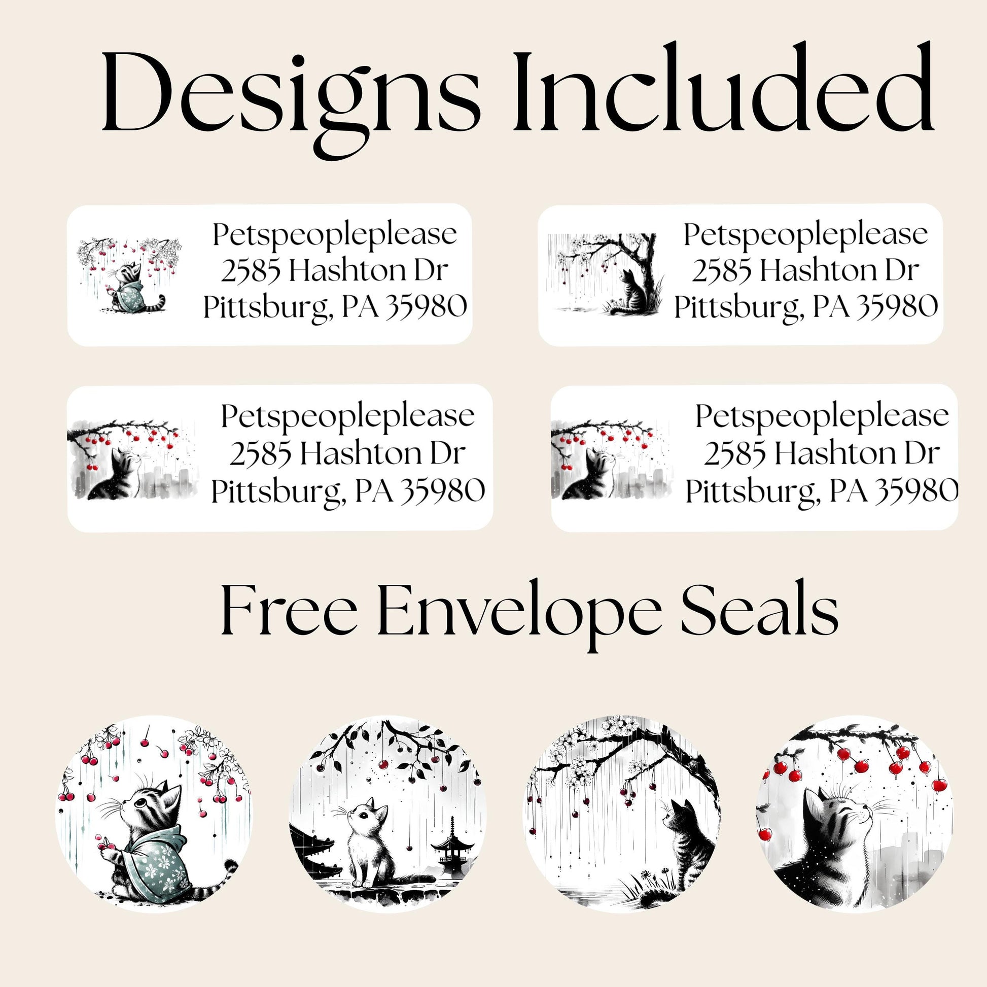 Sakura Asian Cat Art Return Address Labels: Cherry Blossom Mailing Stickers - The Pawprint Paperie