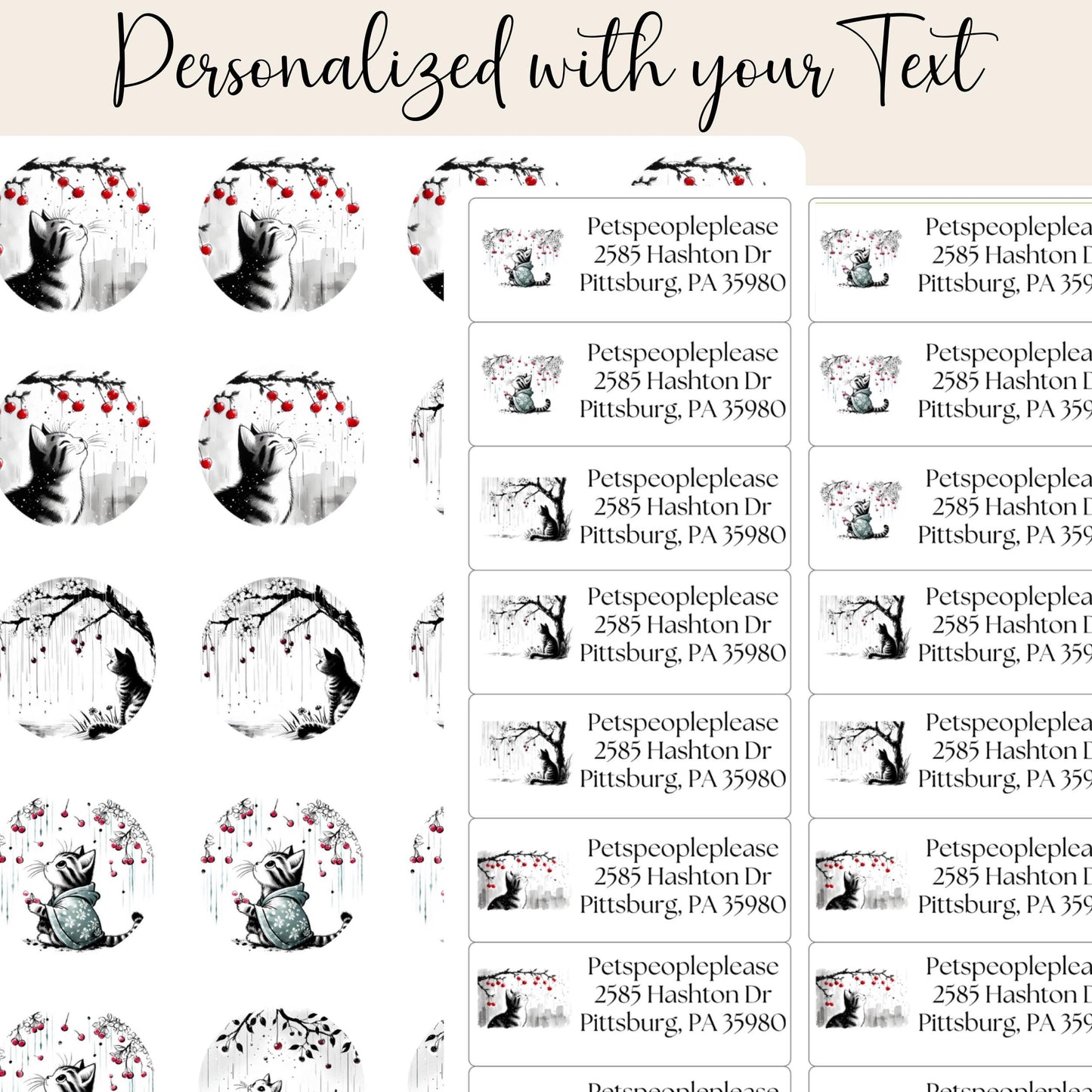 Sakura Asian Cat Art Return Address Labels: Cherry Blossom Mailing Stickers - The Pawprint Paperie