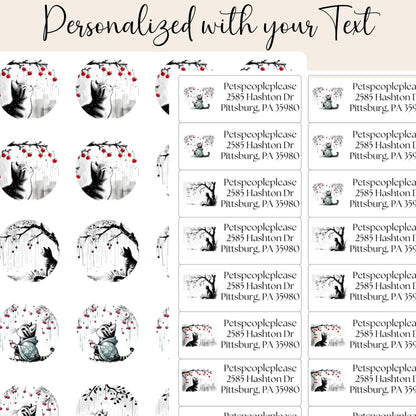 Sakura Asian Cat Art Return Address Labels: Cherry Blossom Mailing Stickers - The Pawprint Paperie