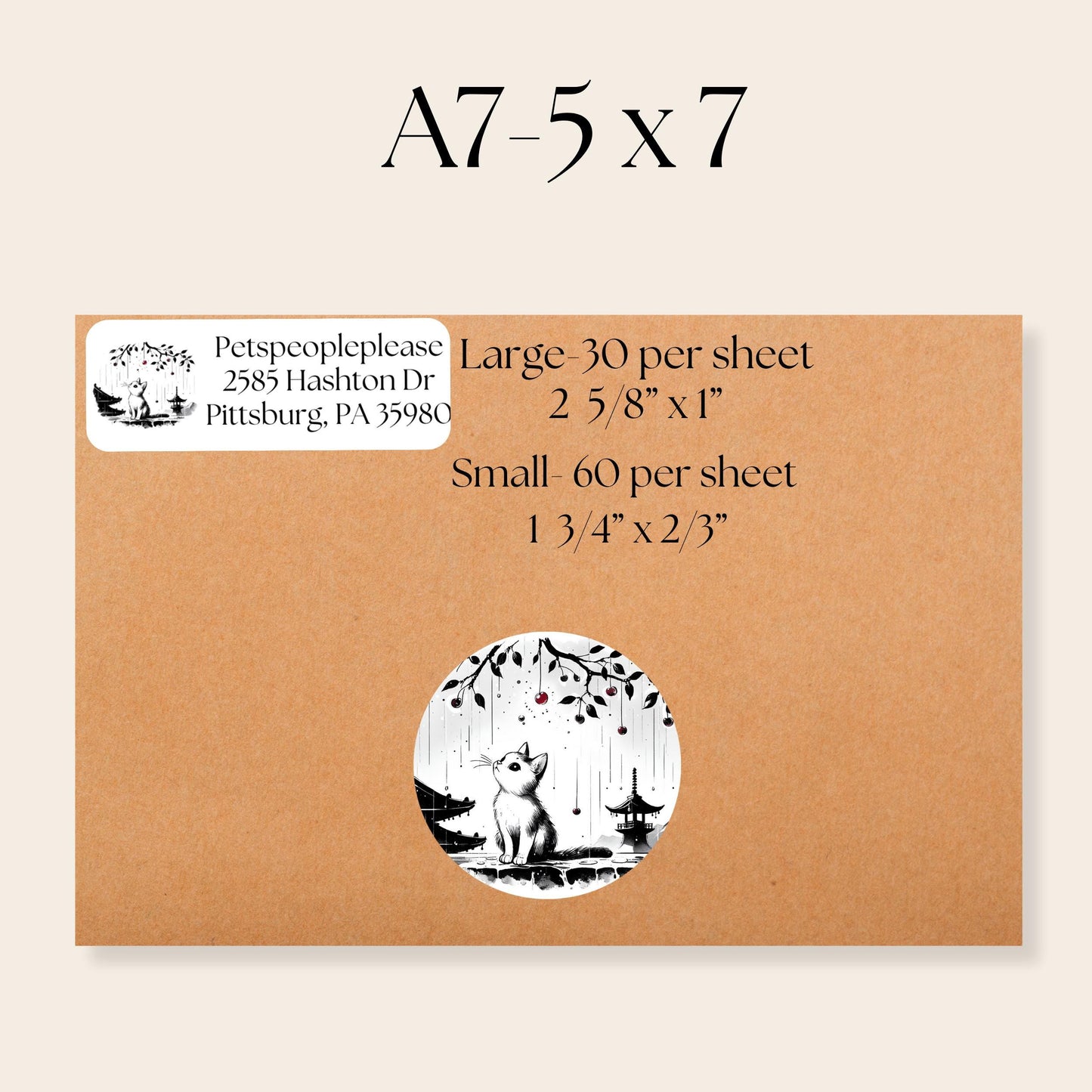 Sakura Asian Cat Art Return Address Labels: Cherry Blossom Mailing Stickers - The Pawprint Paperie
