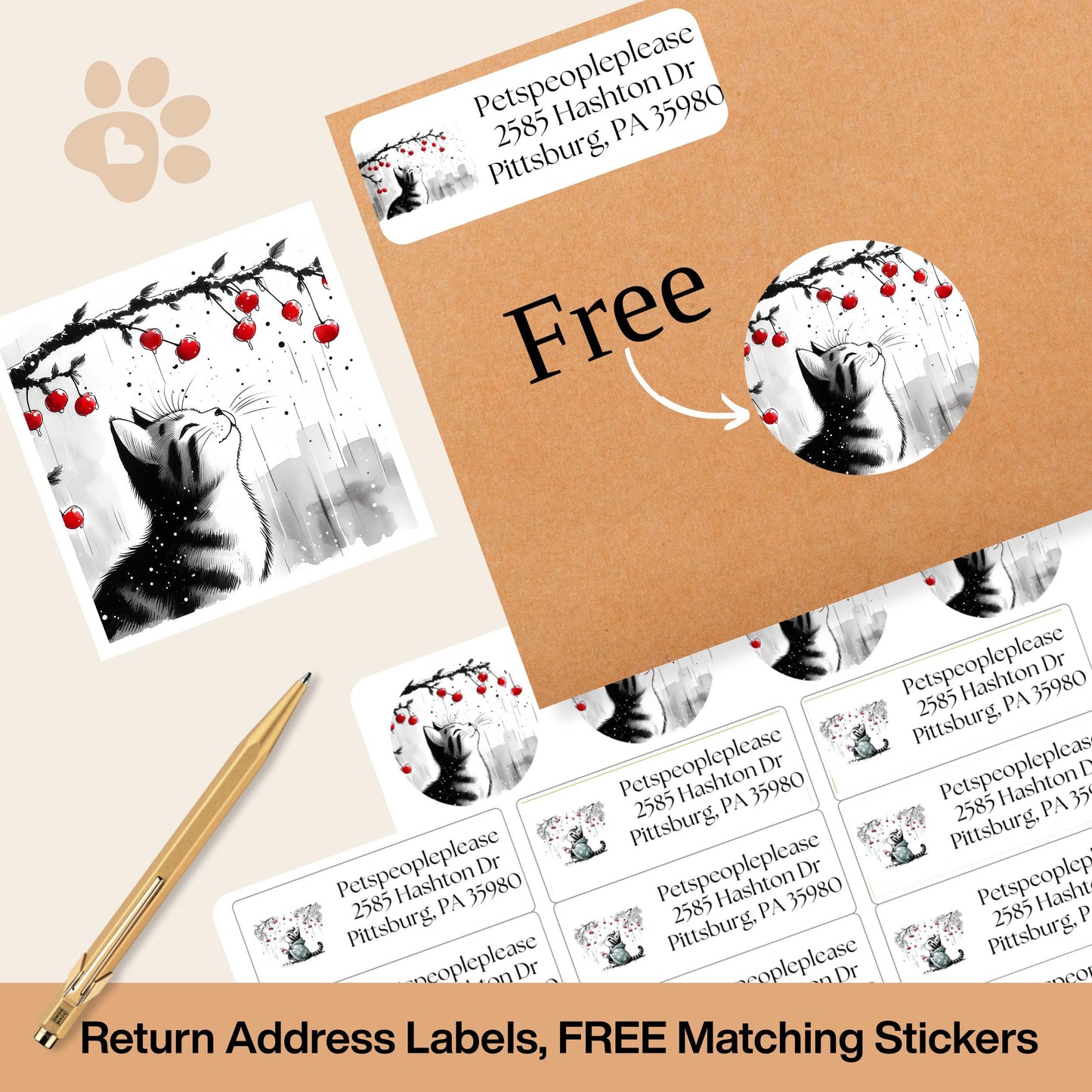 Sakura Asian Cat Art Return Address Labels: Cherry Blossom Mailing Stickers - The Pawprint Paperie